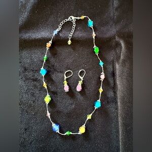 Multi Colored Bead with Silver Tone Necklace and Earrings
